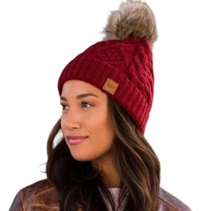 Panache Dark Red Natural faux fur pom accent Beanie (46)